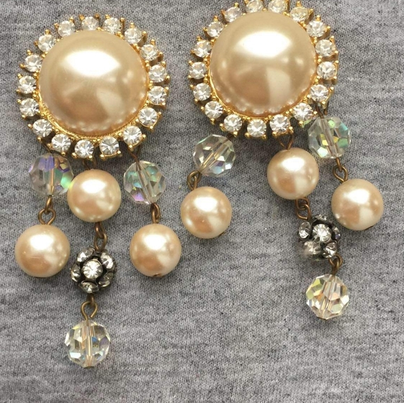 Fabulous! LES BERNARD PEARL PAVE EARRINGS large bigGold...